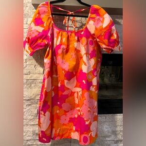 Free Assembly Medium orange beige puffed sleeve deep square neck dress